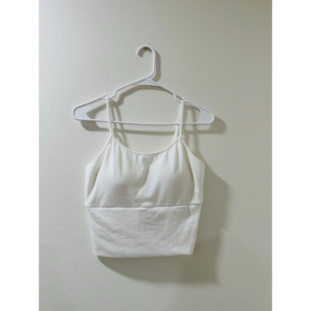 Active USA Womens White Ribbed Crop Top Camisole Size L Padded Built-in Bra